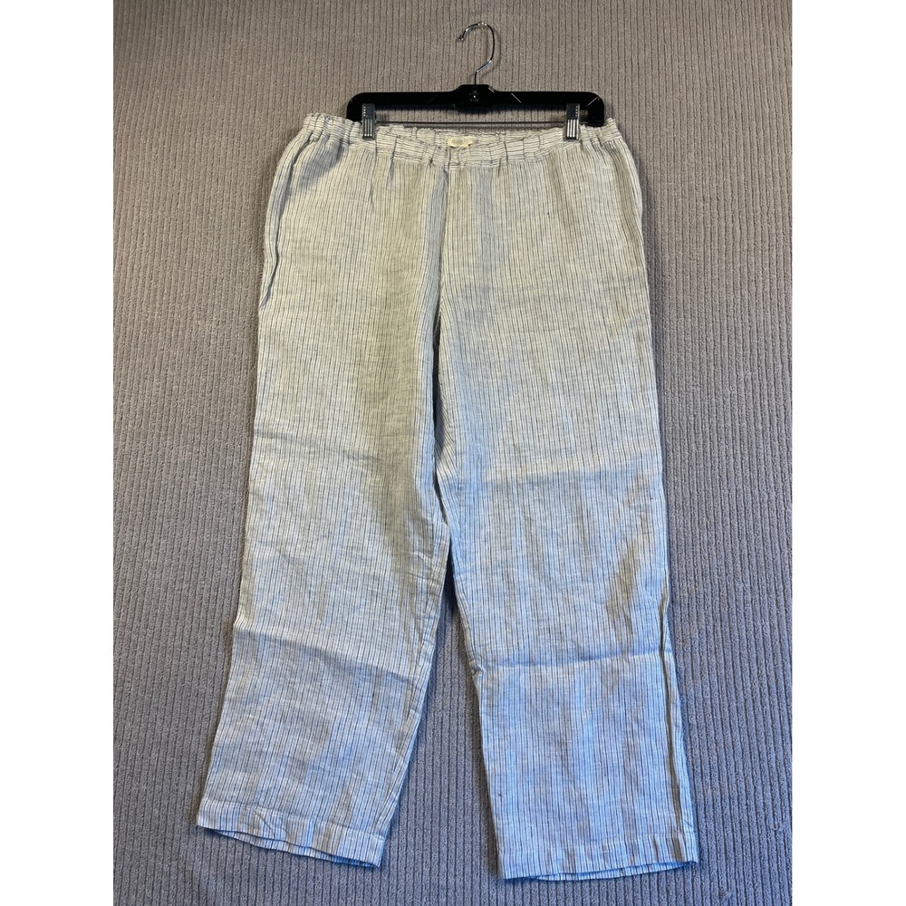Eileen Fisher Linen Pants Petite L Pinstripe Elastic Waist Straight Leg PL White